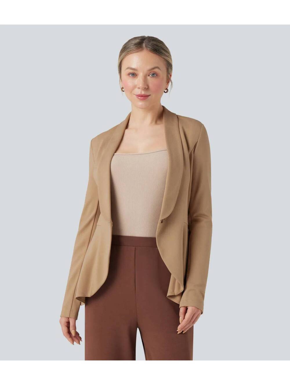 Halara Flex Shawl Collar Long Sleeve Ruffle Hem Work Coat Tan Size XL